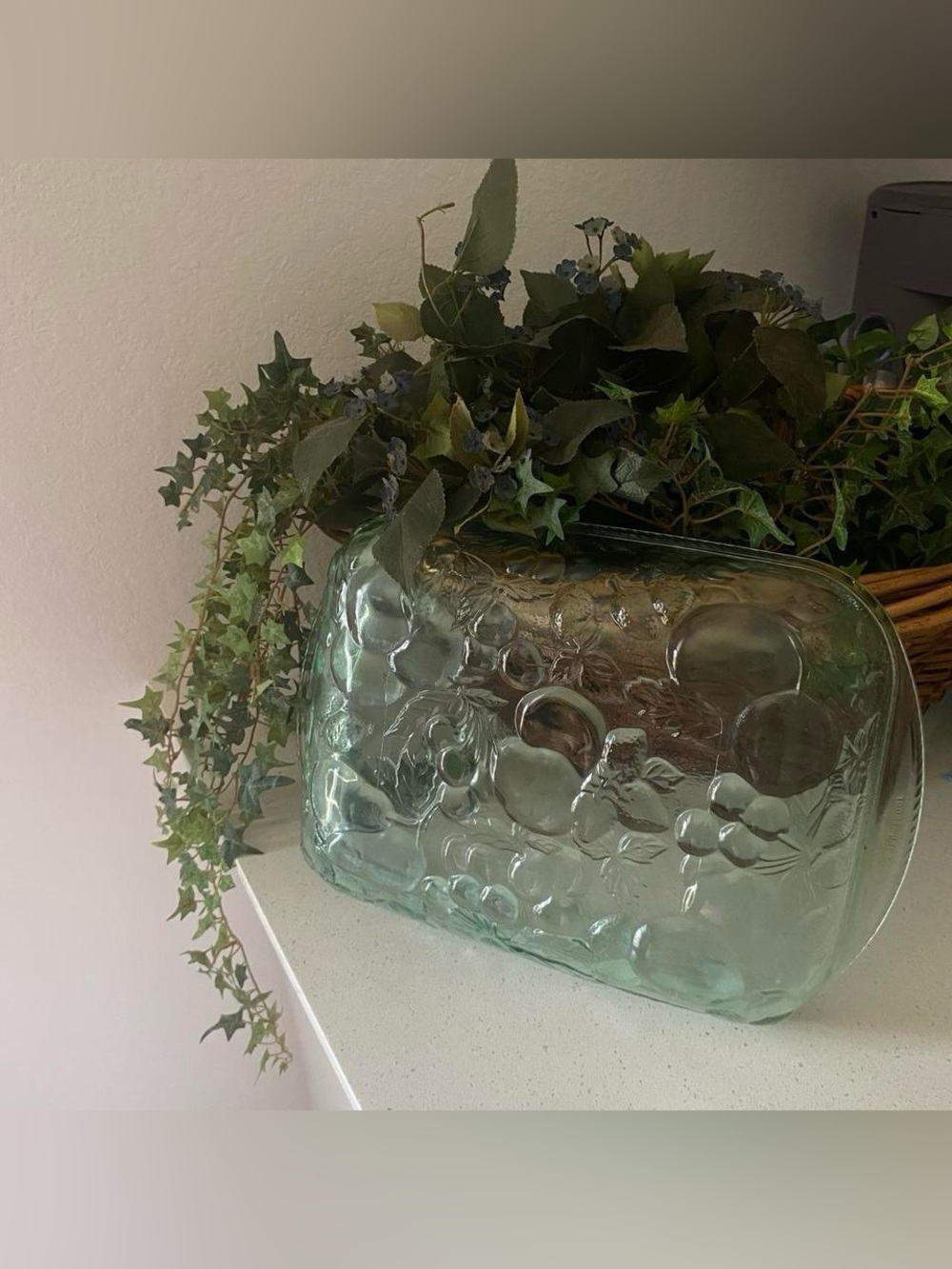 Vintage Spanish Green Glass Embossed Fruit Baking Dish